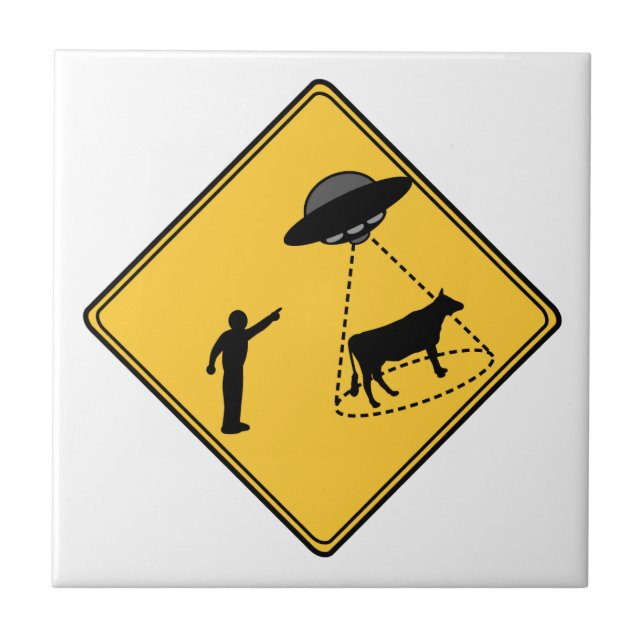 Road Sign- Cow and UFO Tile (Front)
