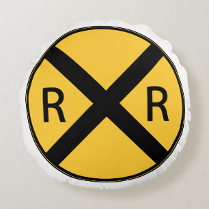Road Sign Railroad Road Crossing Round Cushion