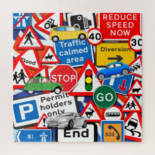 Road Signs and Colorful Cars Jigsaw Puzzle