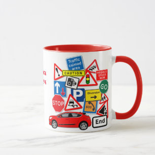 Road Signs and Red Automobile Mug