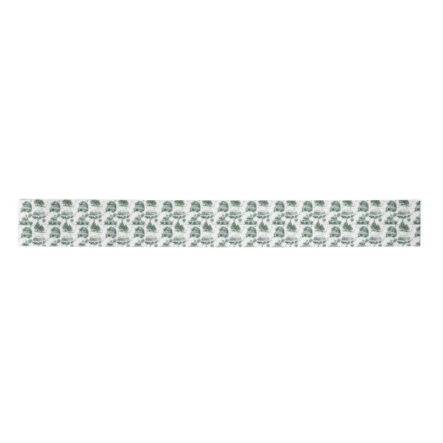 Road trip Christmas holiday toile | green Satin Ribbon (Front)