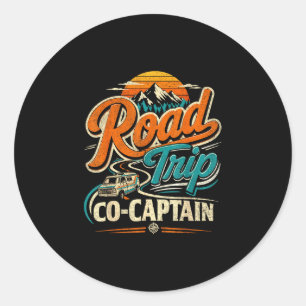 Road trip co captain vintage family travel camper classic round sticker