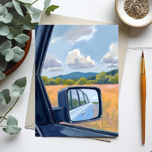 Road Trip   Rear View Mirror Watercolor Travel Postcard