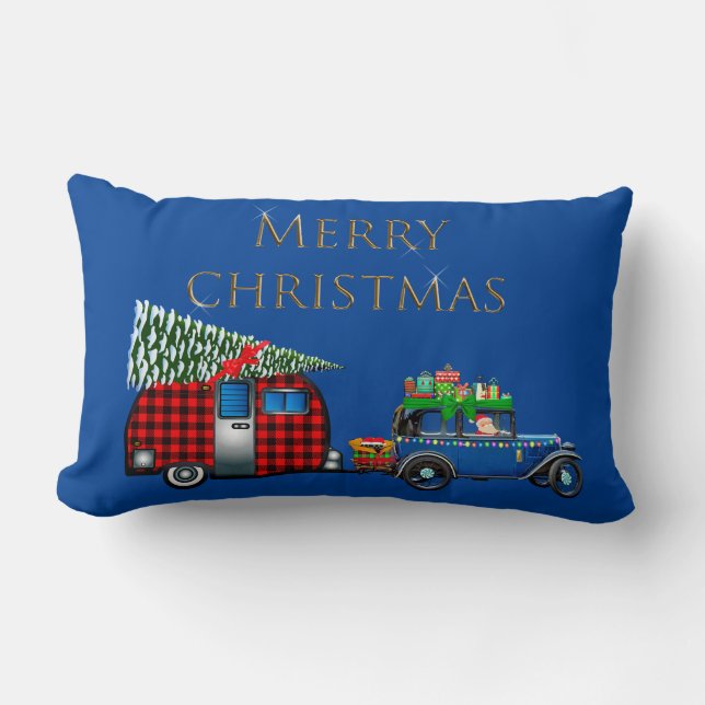 Road Trip Santa Blue Lumbar Cushion (Front)