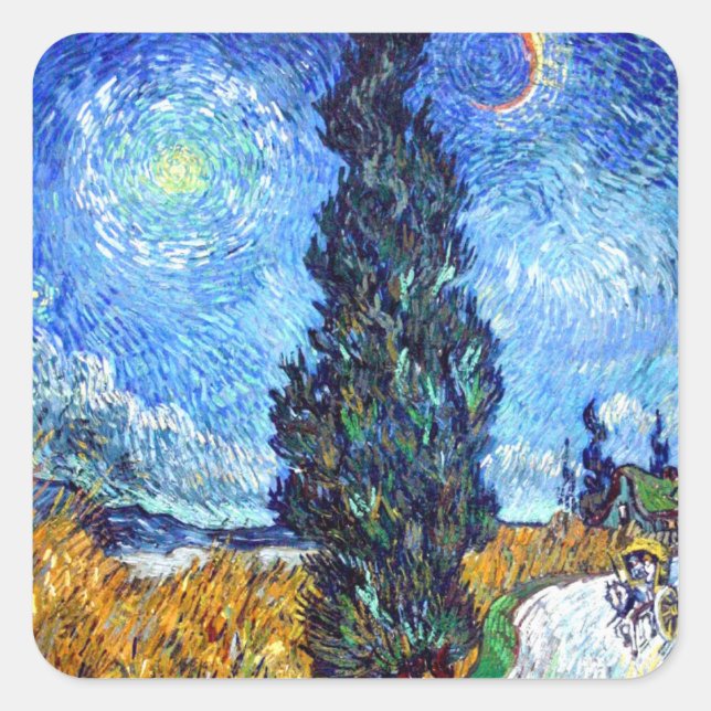 Road with Cypress and Star landscape art Van Gogh Square Sticker (Front)