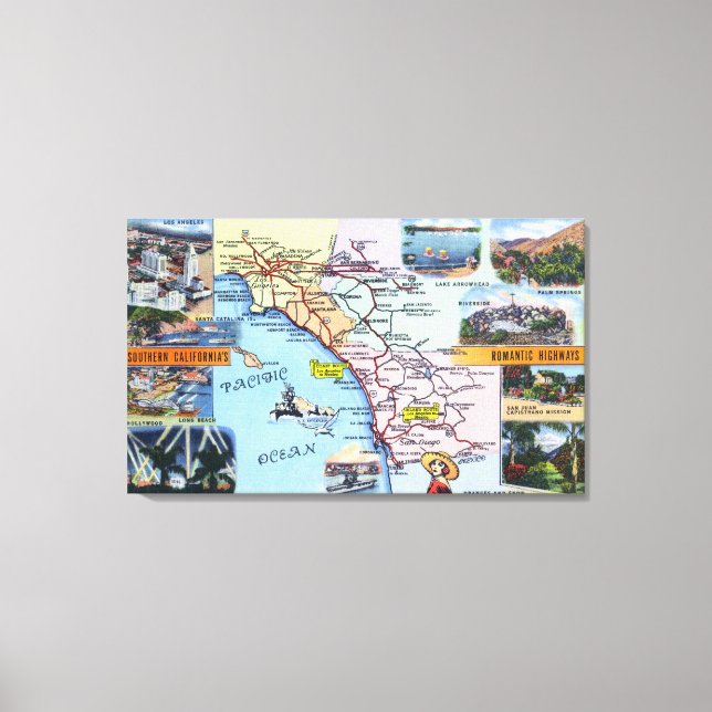Roadmap of Southern CA Romantic Highways Canvas Print (Front)