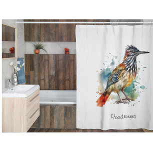 Roadrunner in vibrant watercolor, customisable shower curtain