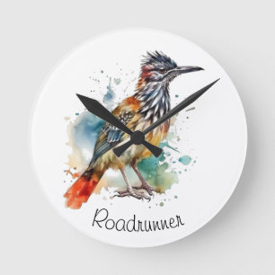 Roadrunner in vibrant watercolor round clock