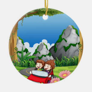 RoadtripPeople riding along the green forest Ceramic Tree Decoration