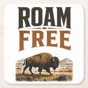 Roam Free Bison Prairie Wilderness Vintage Outdoor Square Paper Coaster