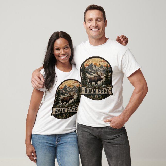 Roam Free Moose Embroidered Patch Design T-Shirt (Unisex)