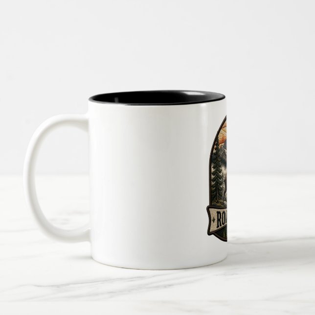 Roam Free Moose Embroidered Patch Design Two-Tone Coffee Mug (Left)