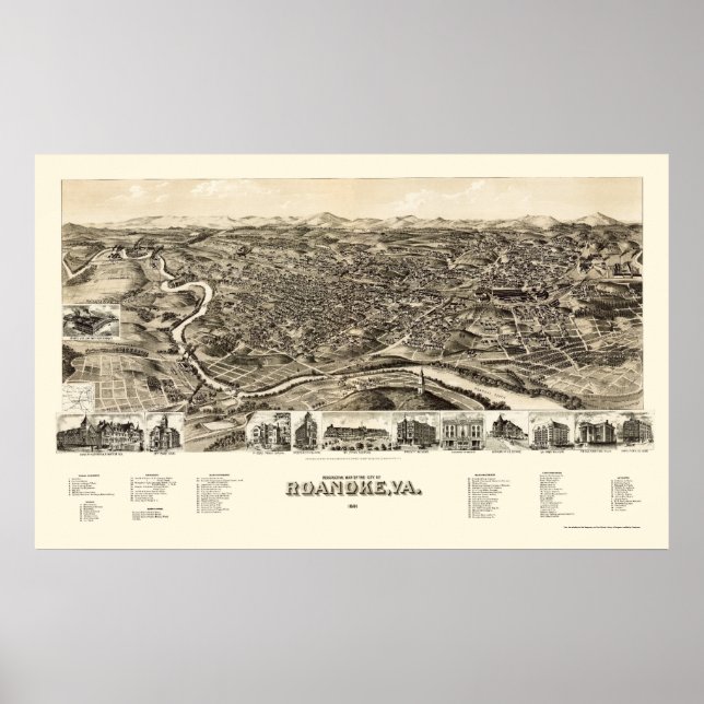 Roanoke, VA Panoramic Map - 1891 Poster (Front)