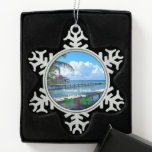 Roantan Beach, Honduras Snowflake Pewter Christmas Ornament<br><div class="desc">Roantan Beach,  Honduras,  scenic photograph with holly for Christmas.</div>