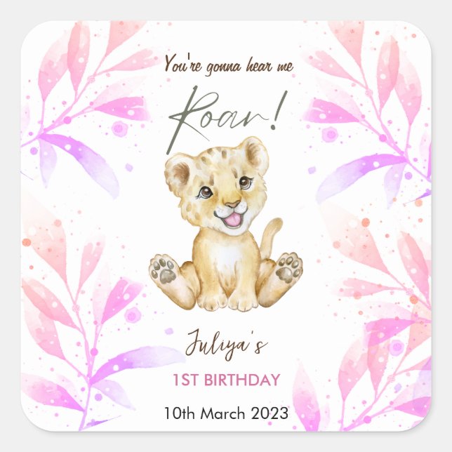 Roar 1st Birthday pink Square Sticker (Front)