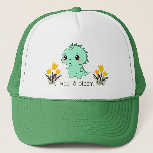 Roar & Bloom Cute Green Dinosaur Trucker Hat (Front)
