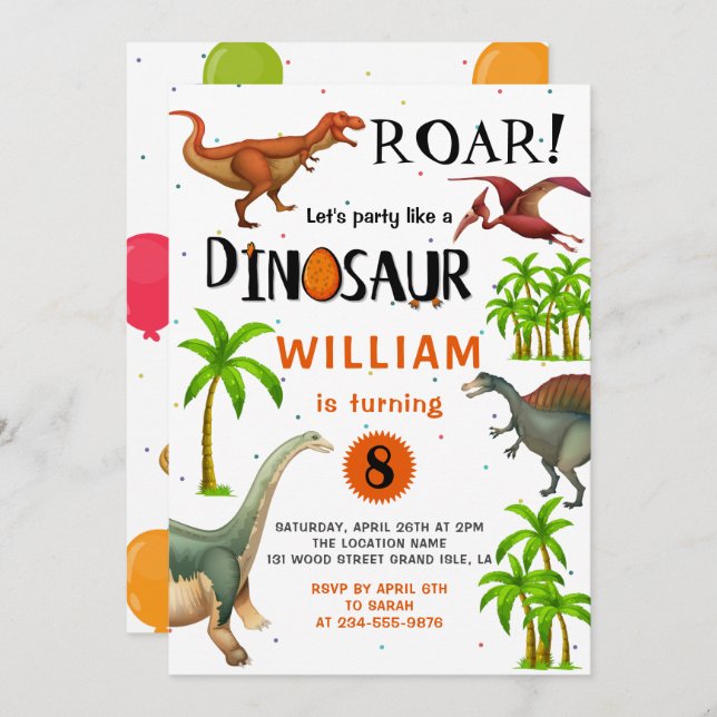 Roar Boys Dinosaur Birthday Jungle Party Invitation (Front/Back)