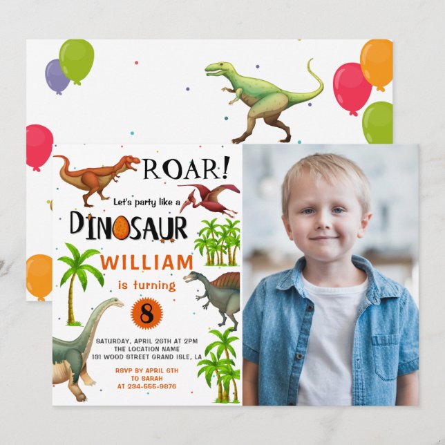 Roar Boys Dinosaur Birthday Jungle Party Photo Invitation (Front/Back)