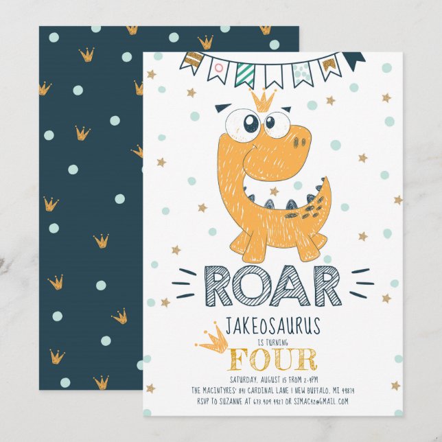 ROAR Dinosaur Birthday Invitation (Front/Back)