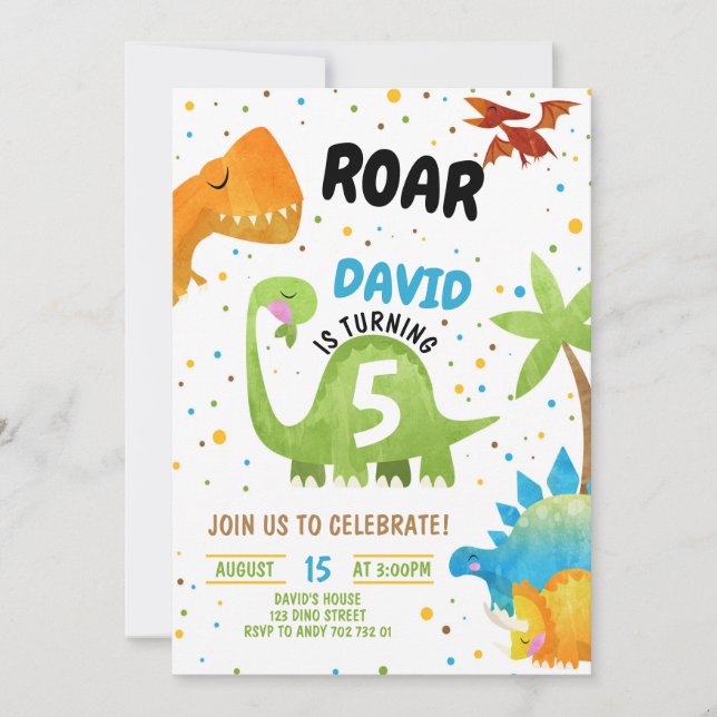 Roar Dinosaur Birthday Invitations Boy (Front)
