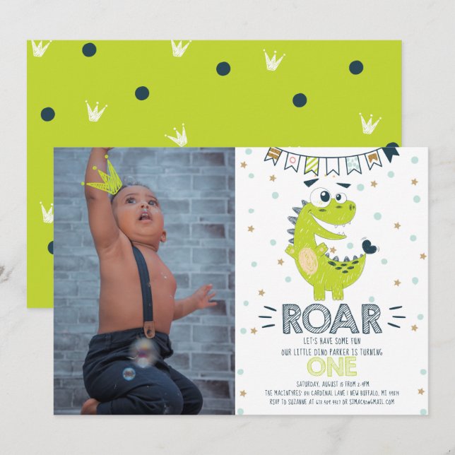 ROAR Dinosaur First Birthday Photo Invitation (Front/Back)