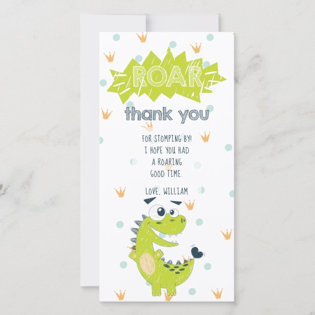Roar Dinosaur Green Birthday Thank You Card (Front)