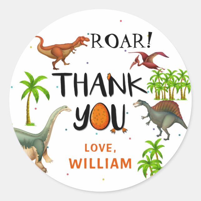 Roar Dinosaur Jungle Birthday Thank You Classic Round Sticker (Front)