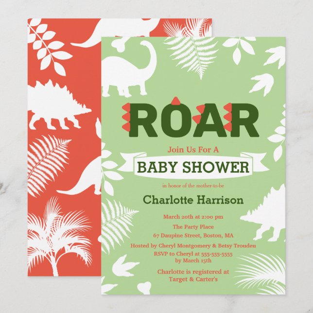 Roar Dinosaur & Jungle Foliage Baby Shower Invitation (Front/Back)