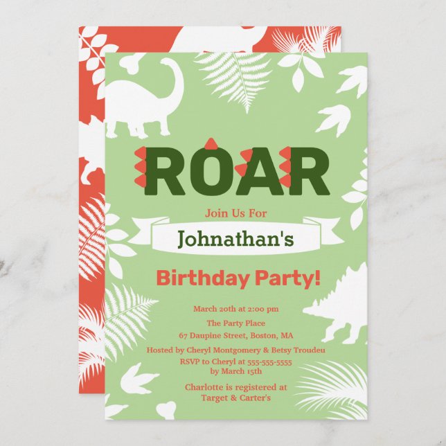 Roar Dinosaur & Jungle Foliage Birthday Invitation (Front/Back)
