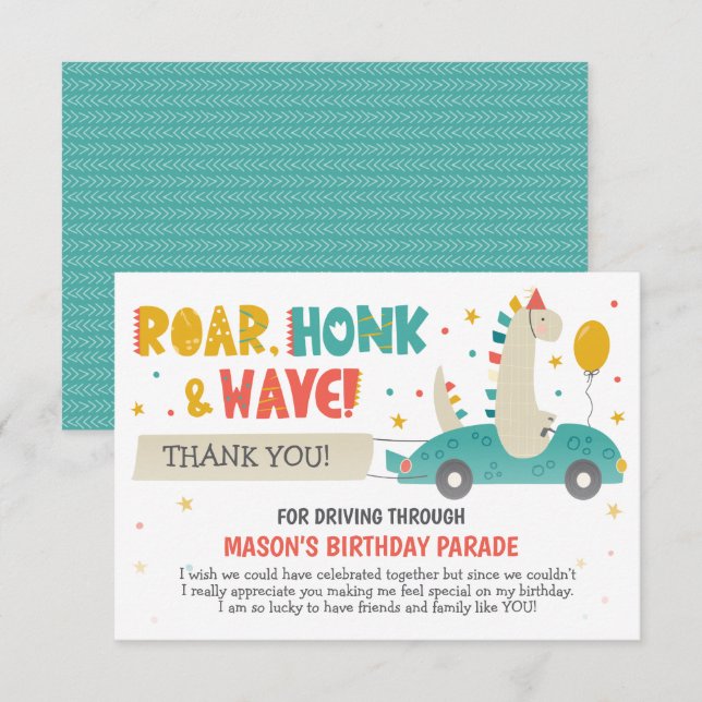 Roar Dinosaurs Drive By Birthday  Thank You Card (Front/Back)