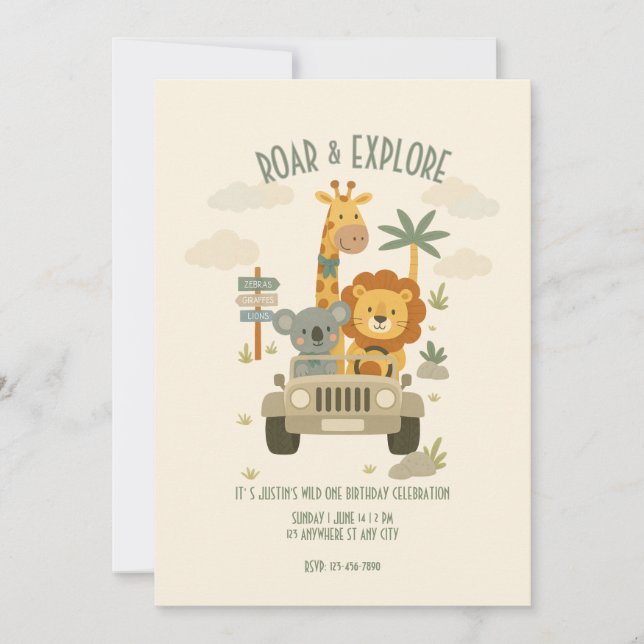 Roar & Explore – It's a Safari Birthday! Invitation (Front)
