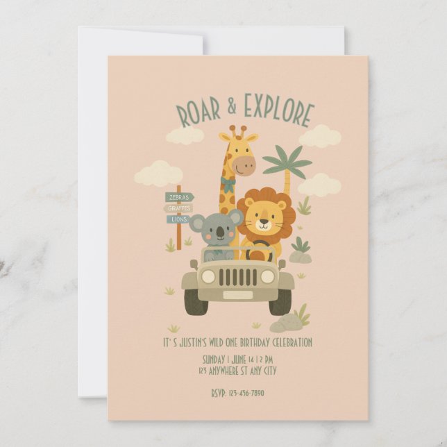 Roar & Explore – It's a Safari Birthday! Invitation (Front)