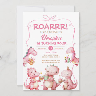 ROAR Girl T-Rex Dinosaur Pink Bow Birthday Party Invitation