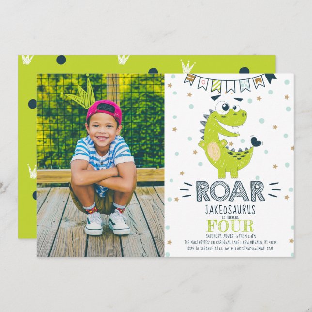 ROAR green Dinosaur Birthday Photo Invitation (Front/Back)