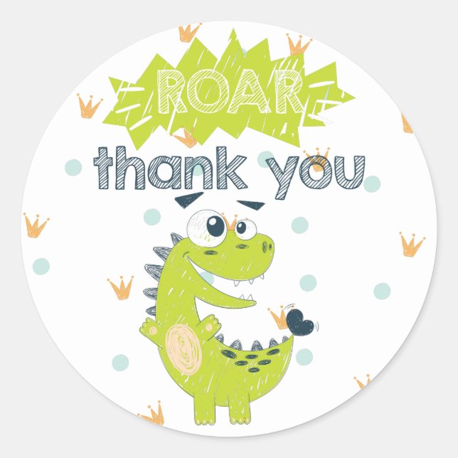 ROAR Green Dinosaur Birthday Thank you Classic Round Sticker (Front)
