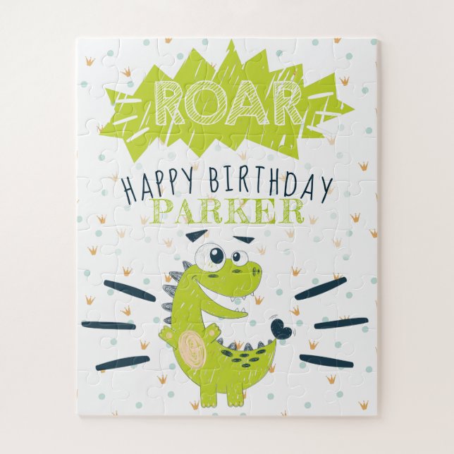 ROAR Green Dinosaur Happy Birthday personalised Jigsaw Puzzle (Vertical)