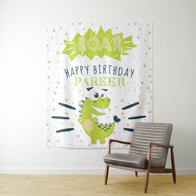 ROAR Green Dinosaur Happy Birthday Personalised Tapestry (In Situ)