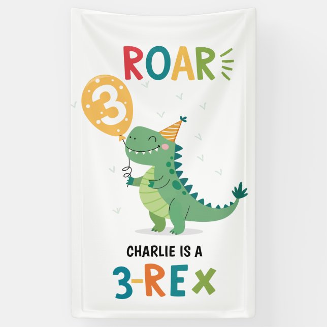 Roar I'm a 3-Rex Kids Third Birthday Party  Banner (Vertical)