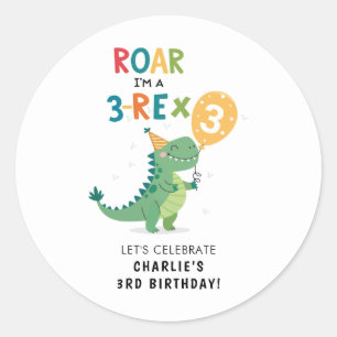 Roar I'm a 3-Rex Kids Third Birthday Party  Classic Round Sticker