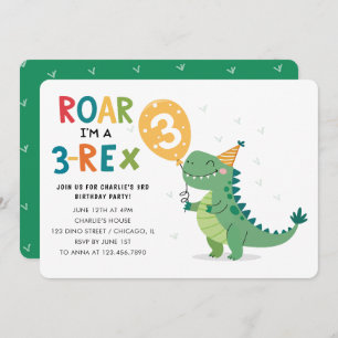 Roar I'm a 3-Rex Kids Third Birthday Party Invitation