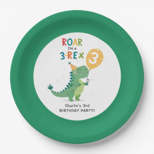 Roar I'm a 3-Rex Kids Third Birthday Party Paper Plate