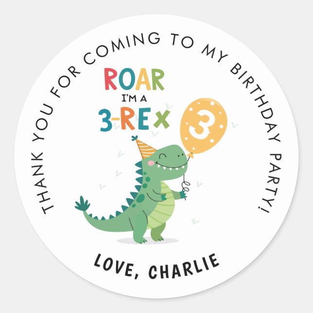 Roar I'm a 3-Rex Kids Third Birthday Thank You Classic Round Sticker (Front)