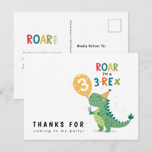 Roar I'm a 3-Rex Kids Third Birthday Thank You Postcard