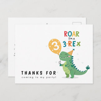 Roar I'm a 3-Rex Kids Third Birthday Thank You Postcard