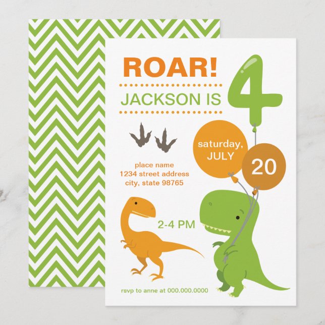 Roar I'm Four Green Dinosaur Fourth Birthday Invitation (Front/Back)