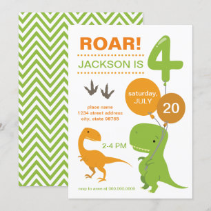 Roar I'm Four Green Dinosaur Fourth Birthday Invitation