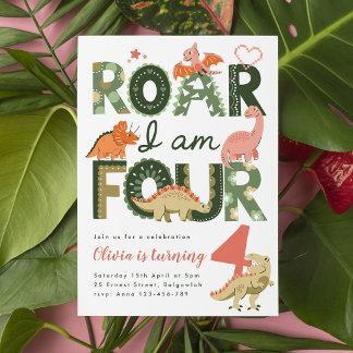 Roar I'm Four, Pink Boho Dinosaur 4th Birthday Invitation