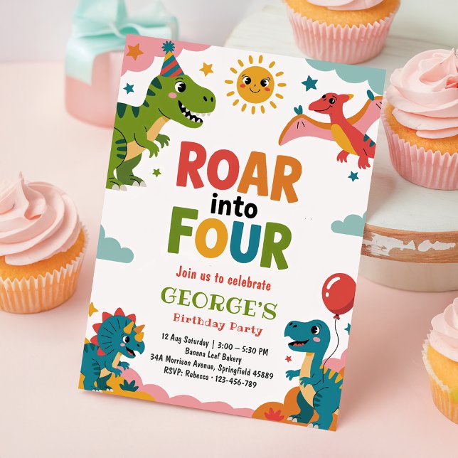 Roar Into Four Cute Dinosaurs 4th Birthday Party Invitation (Creator Uploaded)
