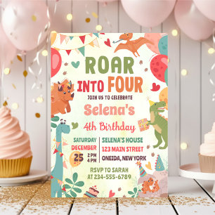 Roar Into Four Dinosaur 4th Birthday Party Invitation