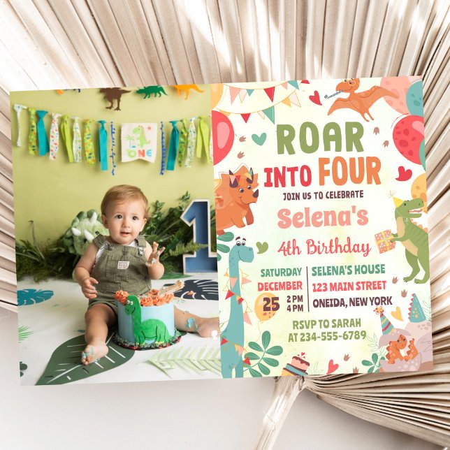Roar Into Four Dinosaur 4th Birthday Party Photo Invitation (Creator Uploaded)